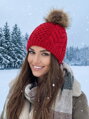 Női sapka pompommal valódi szörméből Ania - piros