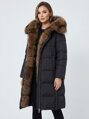 Dámska čierna dlhá páperová bunda s pravou kožušinou 