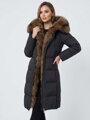 Dámska čierna dlhá páperová bunda s pravou kožušinou 