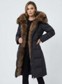 Dámska čierna dlhá páperová bunda s pravou kožušinou 