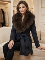 Dámsky kabát na viazanie s pravou kožušinou z líšky