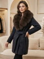 Dámsky kabát na viazanie s pravou kožušinou z líšky