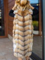 Luxus hosszú mellény valódi rókaszőrméből és valódi bőrből, kapucnival
