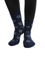 Vlnené termo dámske ponožky v tmavomodrej farbe s bielými vločkam