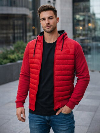 Átmeneti cipzáras férfi kabát piros színben kapucnival
