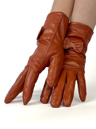 Dámske kožené rukavice s mašľou camel
