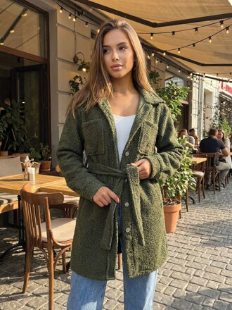 Női rövid TEDDY kabát olíva színben