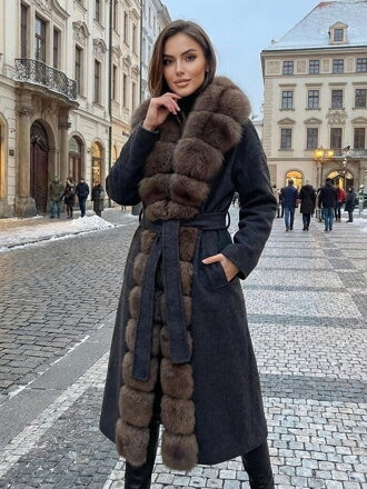 Dámsky dlhý faušový kabát s pravou kožušinou