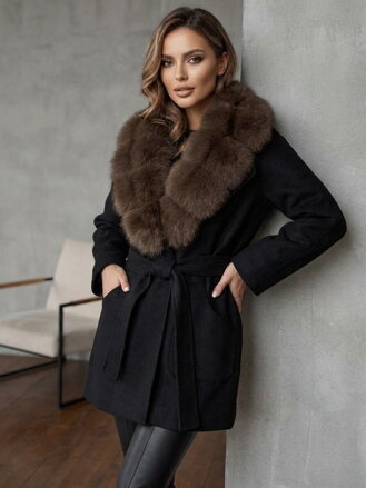 Dámsky kabát na viazanie s pravou kožušinou z líšky