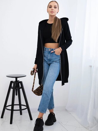 Női hosszú pulóver kapucnival fekete