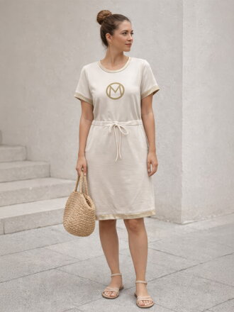 Dámske béžové šaty so zlatými detailmi