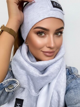 Luxus női VSB szett sál + fejpánt szürke fehérrel