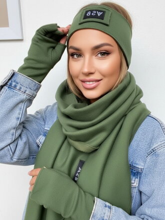 Meleg női VSB szett sál+ fejpánt+ kesztyű olivazöld