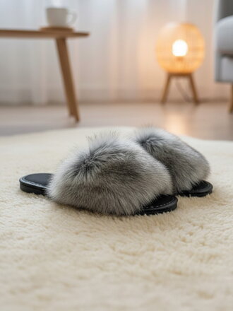 Bozontos női papucs szürke szörmével