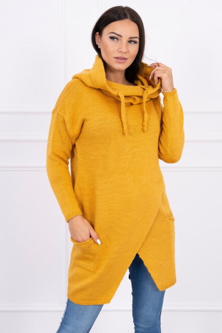 Női kötött pulóver kapucnival mustár színben