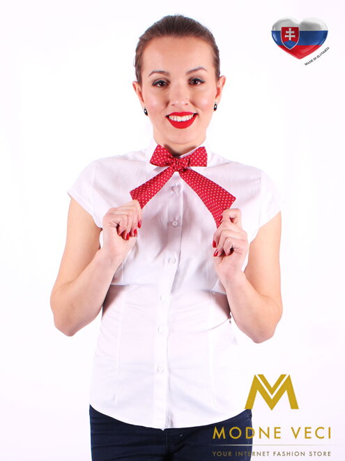 Biela dámska košeľa s mašličkou Slim Fit VS-DK1721 - červená s bodkami