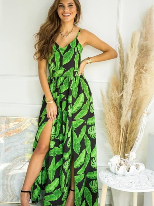 Hosszú női ruha fekete-zöld levelekkel