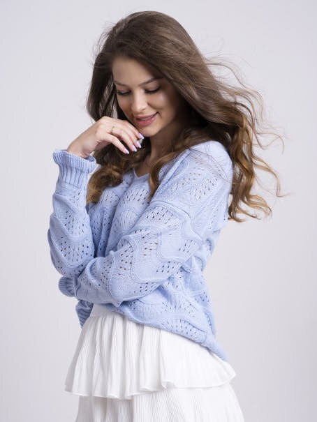Női pulóver kötött mintával VEGA kék színben