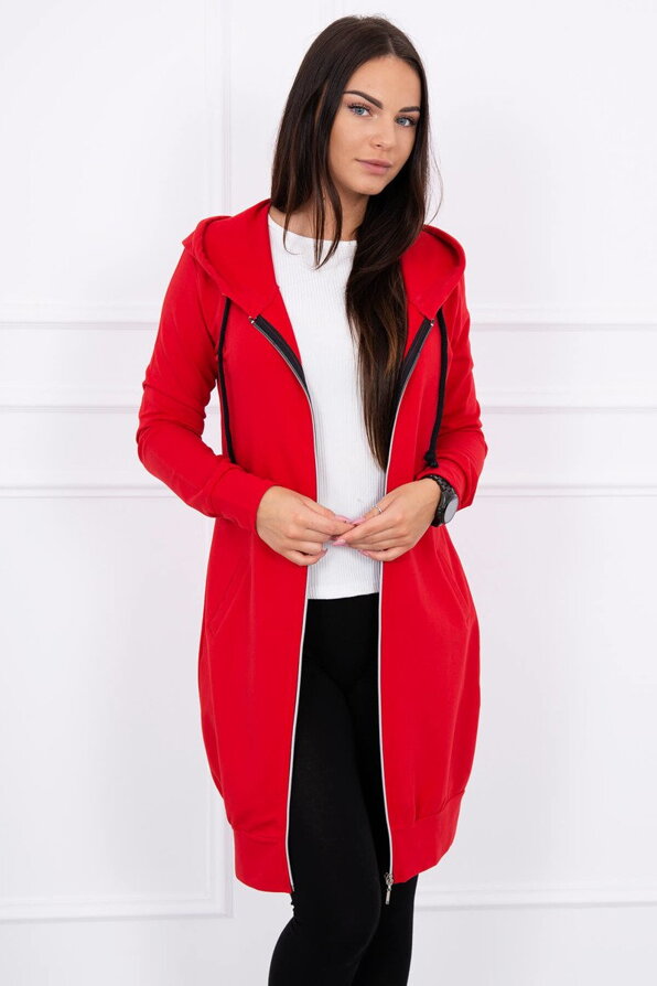 Női hosszú pulóver kapucnival piros