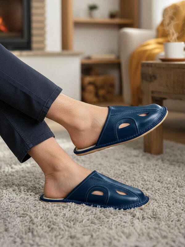 Férfi nyitott bőr papucs Model 1E kék