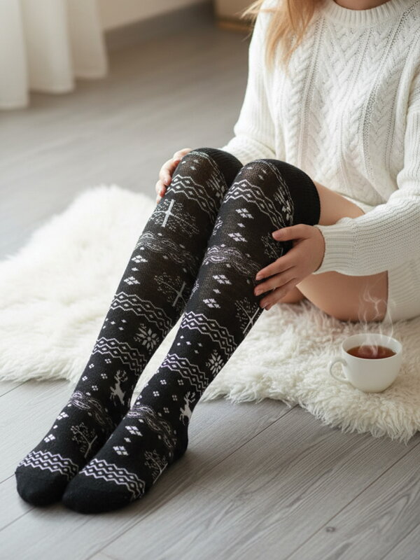 Norvégiai mintázatú térd feletti zokni BLACK