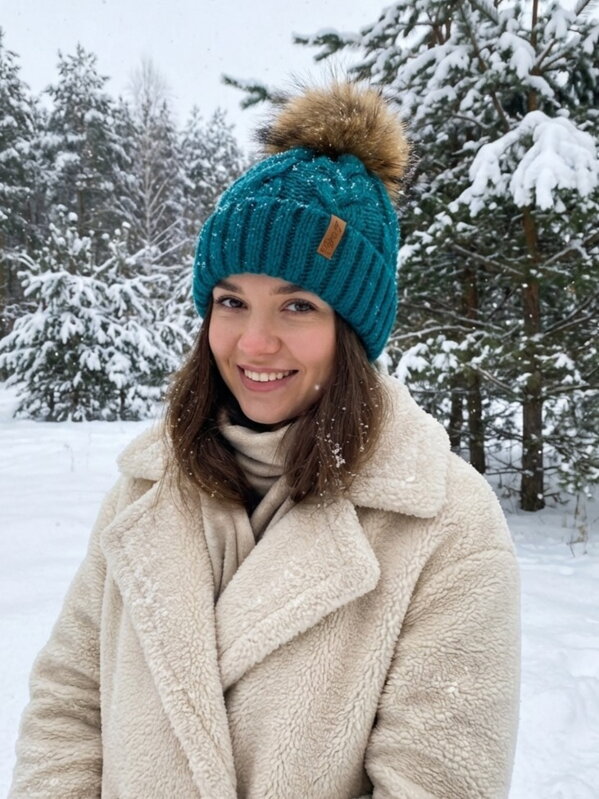 Női sapka pomponnal Octawia petróleumkék