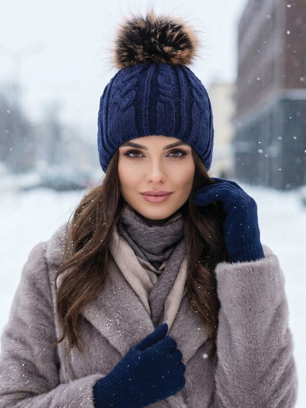 Valódi szőrméből készült női sapka pom pommal  Pola - sötétkék