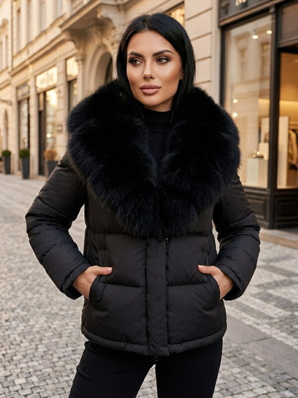 Dámska krátka čierna páperová bunda s kožušinou z pravej líšky 