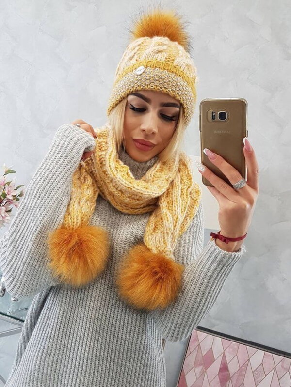 Női sapka és sál komplett K122 mustár Női sapka és sál komplett K122 mustár