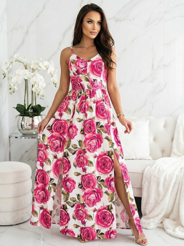 Hosszú női ruha rózsaszín virágokkal