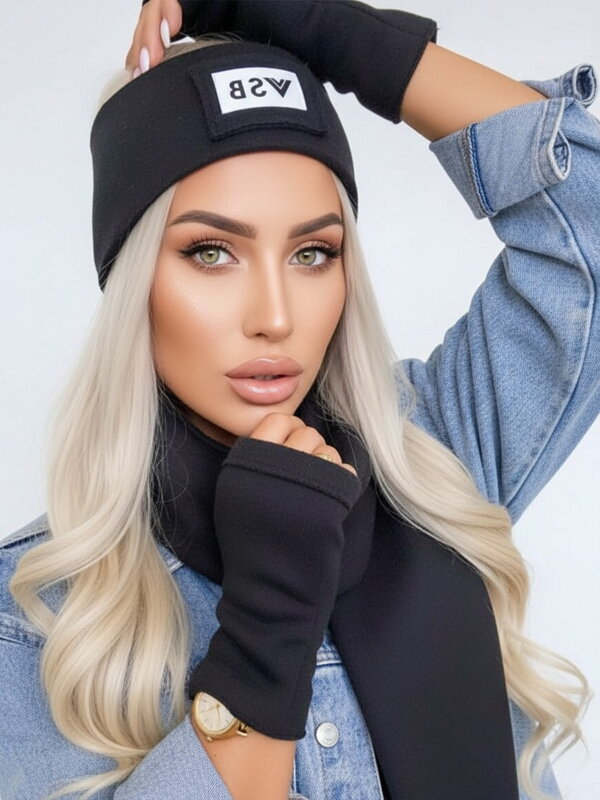 Luxus női VSB szett sál + fejpánt fekete fehérrel