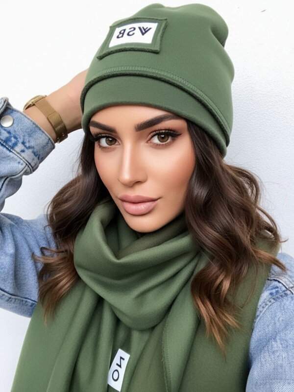 Luxus VSB szett sál + sapka oliva fehérrel