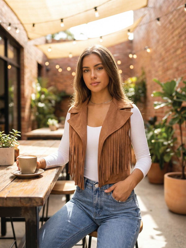 Női velúr mellény rojtokkal