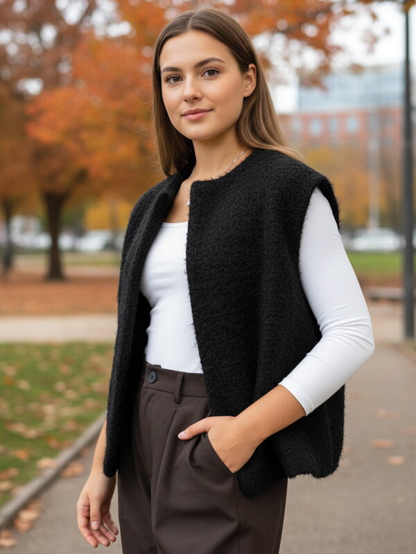 Dámska čierna teplá vesta bez zapínania