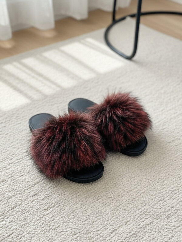 Női papucs szőrmével Model 24 fekete-piros színben